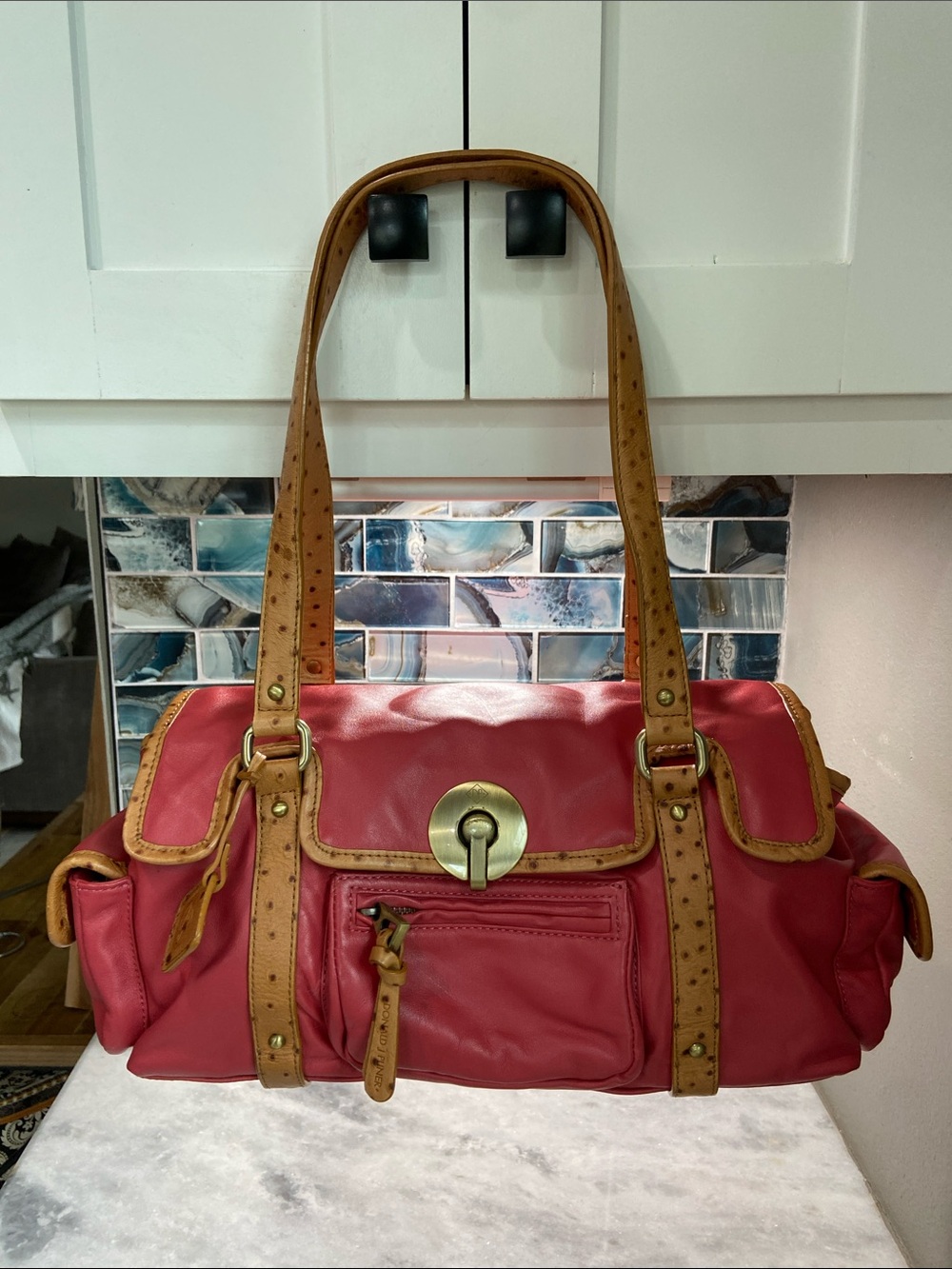 Donald J. Pliner Red Shoulder Bag with Tan Trim